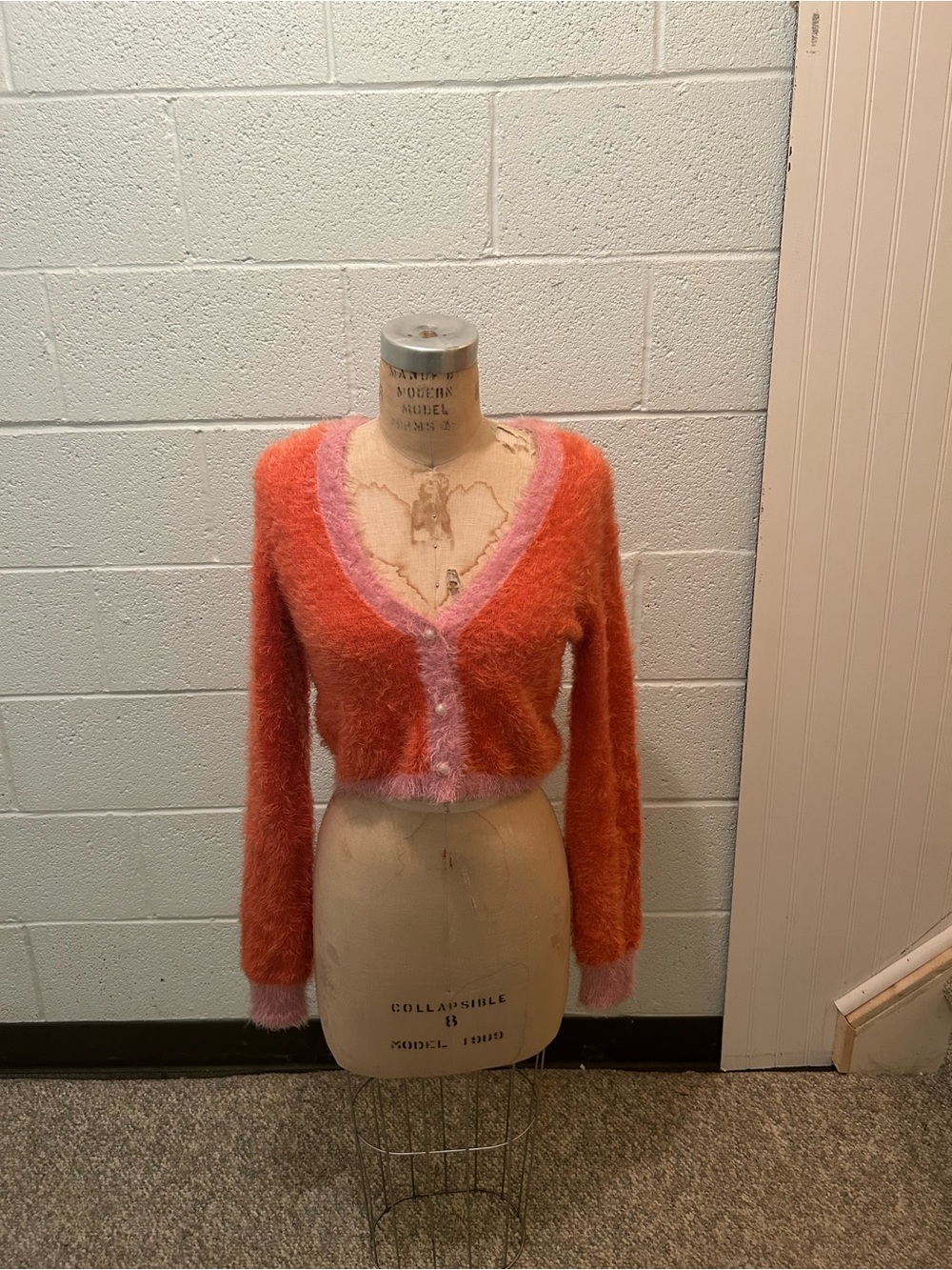 Fuzzy V-Neck Cropped Cardigan - Coral with Pink Trim